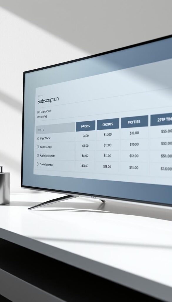 A visually striking image depicting the detailed pricing and subscription options for IPTVANBIETERTV, a leading IPTV provider in Deutschland. The scene features a sleek, modern interface showcasing the various IPTV packages and their corresponding costs, presented in a clean, minimalist layout. The background is a soft, muted gradient that complements the bold, crisp typography and intuitive design elements. Subtle lighting and shadows add depth and dimension, creating an elegant and professional aesthetic. The overall composition conveys a sense of clarity, transparency, and the high-quality services offered by IPTVANBIETERTV.