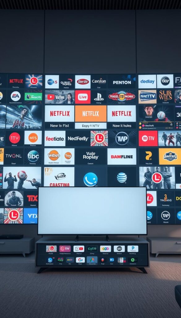 A visually striking image depicting the extensive channel offering of IPTVANBIETERTV. Set against a backdrop of sleek, modern entertainment systems, a diverse array of TV channels are showcased, each with its own distinct iconography and branding. The foreground features a clean, minimalist user interface, inviting the viewer to explore the breadth of content available. Soft lighting and a muted color palette create a sense of elegance and sophistication, while the overall composition conveys the sheer scale and depth of IPTVANBIETERTV's channel selection. The image should effectively communicate the comprehensive nature of the service, catering to a wide range of viewer preferences and interests.