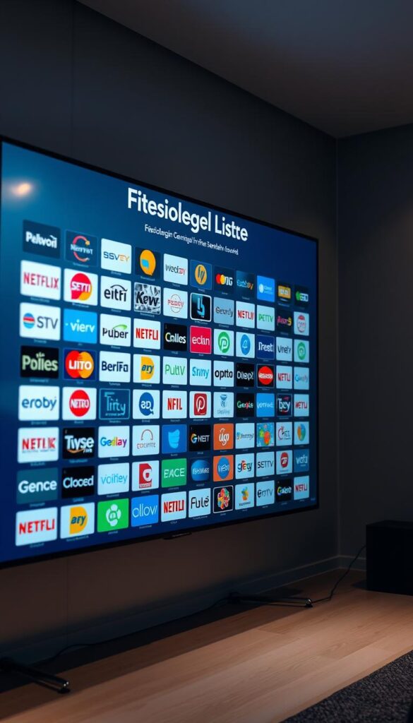 A visually stunning image of the comprehensive "Deutsche IPTV Senderliste" offered by IPTVANBIETERTV. Set against a sleek, modern backdrop, the screen displays an expansive grid of channel logos, meticulously crafted with a keen eye for detail. The lighting is soft and diffused, creating a sense of warmth and professionalism. The camera angle is slightly elevated, providing an encompassing view of the impressive selection of German television channels available through this premium IPTV service. The overall mood is one of sophistication and technological prowess, perfectly capturing the essence of the "Das umfangreiche Senderangebot von iptvanbietertv.com" section.