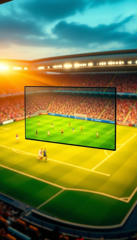 A visually stunning image of the future of football viewing, showcasing a sleek, modern IPTVANBIETERTV interface against a backdrop of a vibrant football stadium. Crisp, high-definition visuals immerse the viewer in the heart of the action, with players darting across a lush, emerald pitch. Warm, golden lighting casts a cinematic glow, while the interface's clean, minimalist design reflects the sophistication and convenience of IPTV technology. The overall composition conveys the idea of IPTV Deutschland as the ultimate destination for passionate football fans, offering a seamless, immersive viewing experience that brings the game to life.