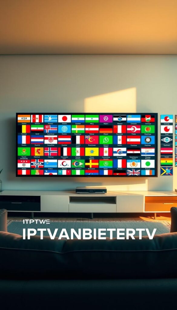 A visually stunning, panoramic image of a diverse range of international television channels displayed on a large, modern screen. The screen is positioned in a sleek, minimalist living room setting, bathed in warm, natural lighting. The foreground features the IPTVANBIETERTV brand logo prominently displayed, conveying a sense of high-quality, global entertainment. The middle ground showcases a variety of national flags and logos representing the international channels available, creating a vibrant and cosmopolitan atmosphere. The background features a subtle, blurred cityscape, hinting at the global reach and connectivity of the IPTV service. The overall composition evokes a sense of immersion, quality, and the ability to access a comprehensive, worldwide selection of television programming.