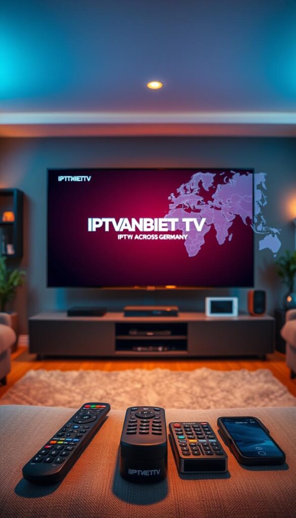 A vivid and photorealistic image showcasing IPTV availability across Germany. A modern living room with a large, high-definition smart TV as the focal point, displaying a sleek on-screen interface with the IPTVANBIETERTV logo prominently featured. The room is bathed in warm, ambient lighting, creating a cozy and inviting atmosphere. In the foreground, various remote controls and mobile devices are neatly arranged, symbolizing the ability to access IPTV content on multiple devices. The background features a world map with different regions highlighted, indicating the extensive IPTV coverage throughout Germany. The overall composition conveys the convenience, flexibility, and nationwide availability of IPTV services.