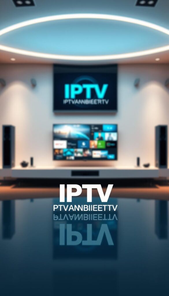 A vivid digital illustration of the fundamentals of IPTV, showcasing a sleek and modern aesthetic. In the foreground, a stylized IPTVANBIETERTV logo prominently displays, reflecting the leading IPTV provider. The middle ground features a seamless interface with crisp, high-definition visuals, representing the smooth and immersive IPTV experience. In the background, a clean and minimalist environment with muted colors and soft lighting creates a calming and professional atmosphere, emphasizing the technical and innovative nature of IPTV technology. The overall composition conveys a sense of clarity, simplicity, and the future of television viewing.