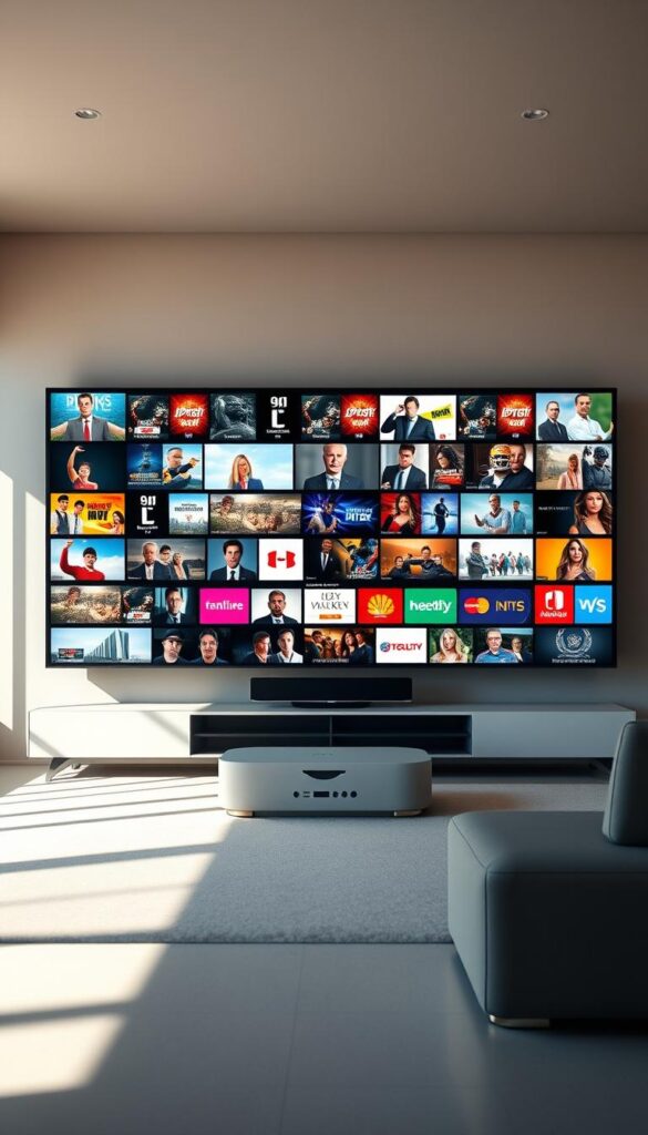 A vivid, expansive IPTV channel offering from IPTVANBIETERTV, showcased in a sleek, modern interface. The scene features a large, high-definition display showing a diverse array of content, from sports and news to movies and documentaries. Soft, directional lighting illuminates the screen, creating a warm, inviting atmosphere. The middle ground depicts a minimalist, stylized entertainment system, hinting at the advanced technology powering the IPTV service. In the background, a sophisticated, minimalist living room setting provides a refined, aspirational context. Overall, the image conveys the breadth and quality of the IPTVANBIETERTV channel selection, highlighting its ability to cater to a wide range of viewer preferences.