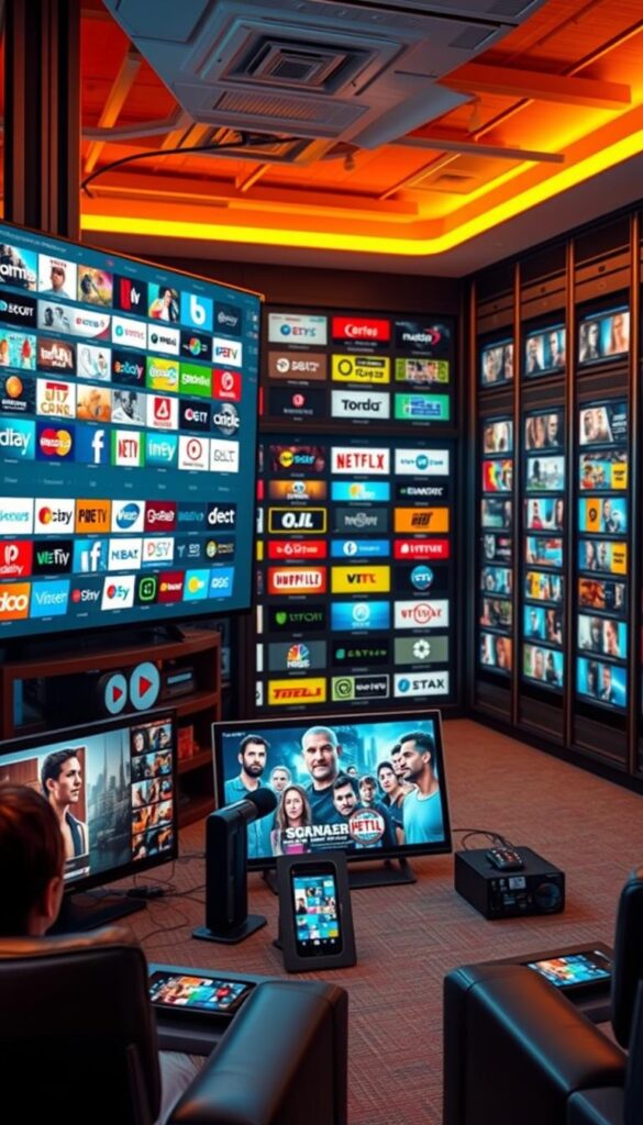 A vivid, expansive IPTV service with a comprehensive channel lineup, showcasing the robust offering of IPTVANBIETERTV. A sleek, modern interface displays an extensive program guide, illuminated by warm, inviting lighting. The foreground features various connected devices, from smart TVs to mobile phones, seamlessly integrated with the IPTV service. The middle ground showcases the breadth of content, with a diverse array of genre-specific channels. In the background, a sophisticated server infrastructure symbolizes the reliable and secure nature of the IPTV provider. The overall scene conveys a sense of convenience, entertainment, and technological sophistication, perfectly capturing the essence of the IPTVANBIETERTV experience.