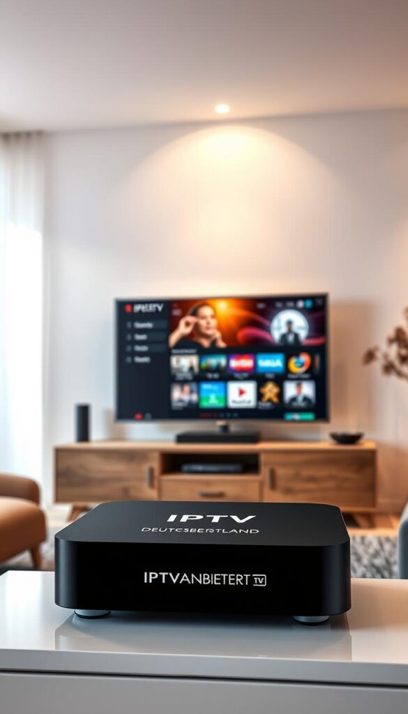 A vivid, photorealistic image of "IPTV Deutschland" against a backdrop of a modern living room. In the foreground, a sleek black MAG-box set-top device sits atop a minimalist entertainment unit, its display showcasing the IPTVANBIETERTV brand logo. The middle ground features a 4K smart TV displaying a vibrant, high-definition interface with streaming content. The background depicts a cozy, well-lit room with clean lines, natural light, and warm, earthy tones that create a sense of comfort and relaxation. The overall mood is one of technological sophistication and domestic tranquility, conveying the seamless integration of IPTV into the modern home.