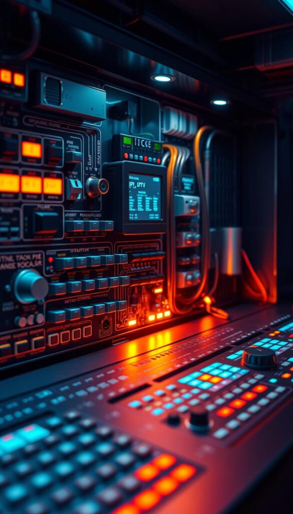 A vivid, technical illustration of IPTV technology. A sleek, modern control panel with various switches, buttons, and displays showcases the inner workings of an IPTVANBIETERTV device. Warm, focused lighting illuminates the intricate circuitry and components, creating a sense of depth and complexity. The overall mood is one of technological sophistication and precision, reflecting the advanced nature of IPTV. The image should convey a clear understanding of how IPTV functions, without any distracting text or overlays.