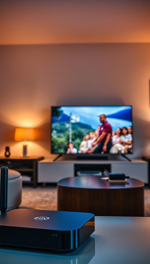 A vivid, ultra-high-definition image of "IPTV Streaming Qualität" showcasing the exceptional streaming performance of IPTVANBIETERTV. In the foreground, a sleek, high-end streaming device with a crisp, vibrant display showcasing sharp, detailed video playback. The middle ground features a living room setup with a large, modern television displaying clear, smooth motion and lifelike colors. The background reveals a cozy, well-lit home environment, highlighting the seamless integration of IPTVANBIETERTV's streaming services. The overall scene conveys a sense of cutting-edge technology, immersive entertainment, and the unparalleled streaming quality delivered by IPTVANBIETERTV.