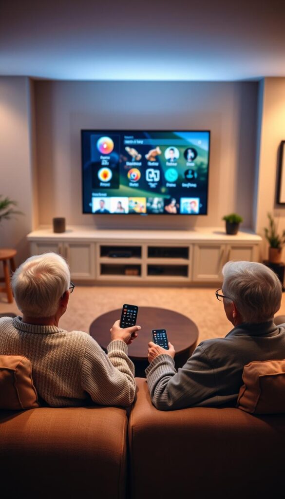 A warm, cozy living room with plush seating and a large flatscreen TV dominating the center. Soft, indirect lighting casts a gentle glow, creating a welcoming atmosphere. An elderly couple sit comfortably, IPTVANBIETERTV remote in hand, navigating a user-friendly interface designed for seniors - large icons, high contrast, and simplified controls. The room exudes a sense of ease and familiarity, reflecting the seamless integration of modern IPTV technology into the lives of older adults.