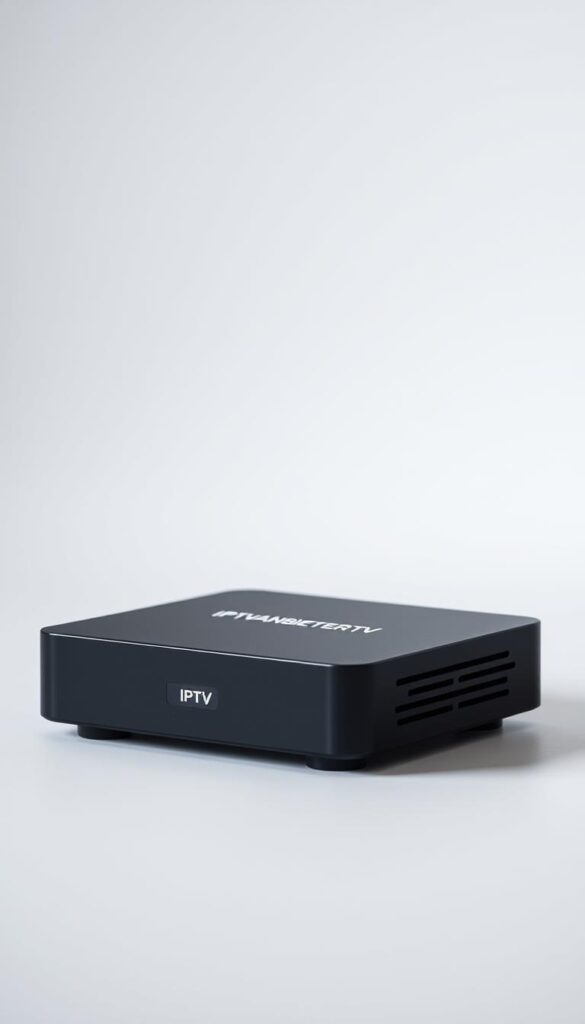 A well-designed IPTV device with a sleek, minimalist aesthetic, featuring the brand name "IPTVANBIETERTV" prominently displayed. The device is shown in a clean, well-lit studio setting, captured from a slightly elevated angle to showcase its compact and modern form factor. The background is a neutral, softly blurred backdrop, allowing the IPTV device to be the focal point. The lighting is soft and diffused, creating a sense of depth and highlighting the device's textural details. The overall mood is one of sophistication and technological prowess, reflecting the device's capabilities in providing seamless IPTV experiences for older devices.