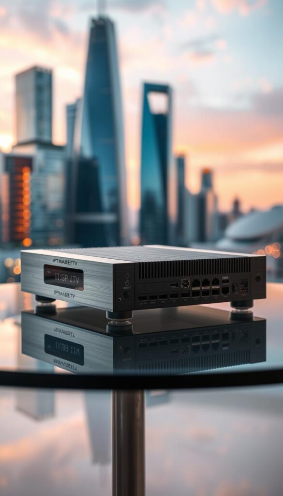 A well-equipped IPTV receiver with a sleek, modern design rests on a minimalist glass table. The device features a brushed aluminum chassis, a discreet front display, and an array of ports on the rear. Soft, directional lighting creates a warm, inviting atmosphere, highlighting the product's premium construction and attention to detail. In the background, a blurred cityscape with skyscrapers and a vibrant skyline sets the scene, conveying the advanced technology and global connectivity of the IPTVANBIETERTV brand.