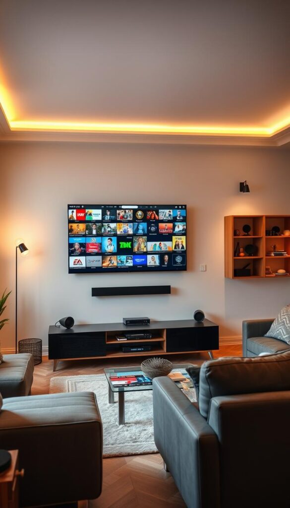 A well-equipped home media system with a large flat-screen TV prominently displayed, surrounded by sleek and modern furniture. The TV is showcasing a vibrant, diverse selection of live TV channels, reflecting the comprehensive IPTVANBIETERTV service offering. The lighting is warm and inviting, creating a cozy and comfortable atmosphere. The room is spacious and well-organized, with clean lines and a minimalist design aesthetic. The overall scene conveys a sense of high-quality, reliable, and versatile home entertainment, perfectly suited for the "Unser umfangreiches Senderangebot für jeden Geschmack" section of the article.