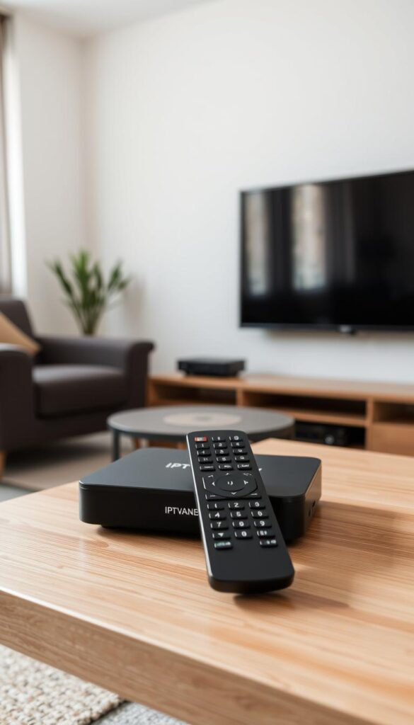A well-lit, close-up view of an IPTV set-top box and remote control on a sleek, minimalist wooden table. The box features the "IPTVANBIETERTV" branding prominently displayed. The remote has a clean, contemporary design with intuitive buttons. In the background, a simple, modern living room setting with a large, flat-screen TV on the wall. The lighting is soft and diffused, creating a warm, inviting atmosphere. The overall scene conveys the ease and simplicity of IPTV installation, ready to transform the living space into an entertainment hub in a matter of minutes.