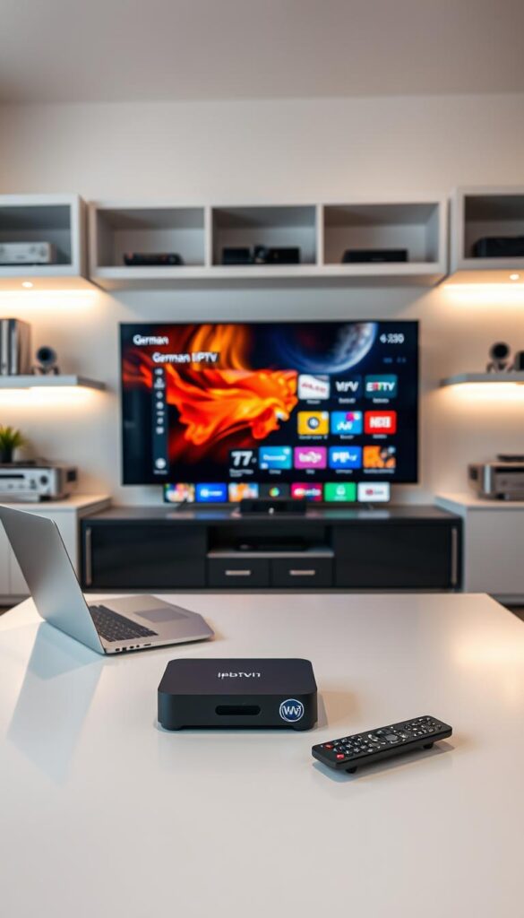 A well-lit, contemporary home office setup, centered on a sleek, minimalist desk with a laptop, remote control, and a stylized IPTVANBIETERTV device prominently displayed. In the background, a large, high-definition smart TV dominates the scene, showcasing a vibrant, vivid display of German TV channels. The room's walls are adorned with clean, modern shelving, housing various entertainment and streaming devices. The lighting is soft and diffused, creating a warm, inviting atmosphere. The overall composition conveys a sense of simplicity, efficiency, and the seamless integration of IPTV technology into a modern living space.