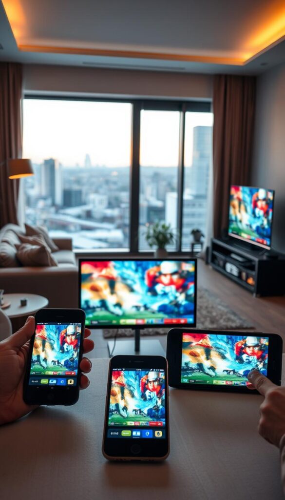 A well-lit, contemporary interior scene showcasing the versatility of IPTVANBIETERTV streaming service. In the foreground, multiple digital devices - smartphones, tablets, and a smart TV - display vivid, high-quality IPTV content. The middle ground features a cozy living room setting with plush furniture and warm lighting, creating an inviting atmosphere. In the background, a large window offers a scenic view of a modern cityscape, hinting at the widespread availability and accessibility of the IPTV service. The overall composition conveys the ease and flexibility of using IPTVANBIETERTV across multiple devices, catering to the needs of the contemporary, tech-savvy German viewer.