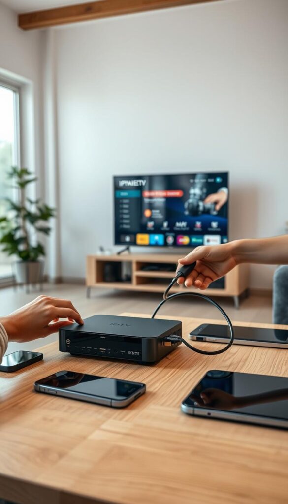 A well-lit, detailed interior scene depicting the installation and setup of an IPTVANBIETERTV IPTV service. In the foreground, a person's hands carefully connecting cables and configuring a sleek, modern set-top box on a minimalist wood-grain table. Surrounding the setup, various devices like smartphones and tablets are arranged, showcasing the multi-device capability of the IPTV service. In the middle ground, a large, flat-screen television displays the IPTVANBIETERTV user interface, with crisp, high-definition video playback. The background features a clean, contemporary living space with large windows allowing natural light to fill the room, creating a warm, inviting atmosphere for the IPTV installation process.