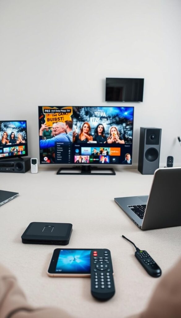 A well-lit, detailed scene showcasing the versatility of IPTVANBIETERTV, with a variety of modern devices such as smart TVs, smartphones, tablets, and laptops displayed prominently. The devices are arranged in a visually appealing manner, highlighting the seamless integration of IPTVANBIETERTV across multiple platforms. The foreground features the devices in use, displaying crisp, high-quality IPTV content, while the middle ground showcases the diverse range of device types. The background establishes a clean, minimalist setting, emphasizing the streamlined and user-friendly nature of the IPTVANBIETERTV service. The overall composition conveys a sense of technological sophistication and the convenience of enjoying IPTV on any device.