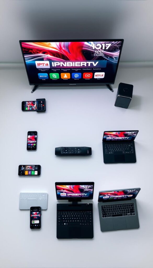 A well-lit, high-angle shot showcasing a variety of modern electronic devices - smart TVs, smartphones, tablets, and laptops - all displaying the IPTVANBIETERTV interface. The devices are arranged in a visually appealing, symmetrical composition, highlighting the compatibility and accessibility of the IPTV service across a wide range of platforms. The scene is set against a clean, minimalist backdrop, with subtle gradients or textures to provide visual interest. The overall mood is one of sleek, technology-driven sophistication, emphasizing the seamless integration of IPTVANBIETERTV into the user's digital lifestyle.