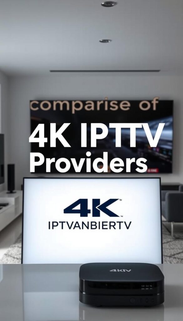 A well-lit, high-quality comparison of 4K IPTV providers in Germany, showcasing the IPTVANBIETERTV brand prominently in the foreground. The scene depicts a sleek, modern setting with a clean, minimalist aesthetic, highlighting the providers' services and capabilities. The background features subtle references to 4K technology, such as high-resolution displays or streaming devices, creating a cohesive and visually appealing composition. The overall mood is professional, informative, and tailored to the article's subject matter.