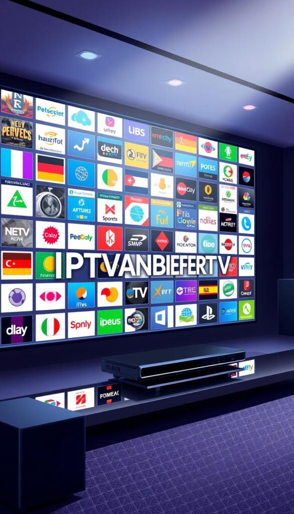 A well-lit, high-quality, detailed illustration of an extensive array of IPTV channels and services offered by IPTVANBIETERTV, a leading IPTV provider in Germany. The image should depict a sleek, modern user interface showcasing a vast selection of international television channels spanning news, entertainment, sports, and more. The composition should feature a prominent display of the IPTVANBIETERTV brand name, conveying a sense of professionalism, reliability, and a comprehensive entertainment experience for German IPTV consumers.