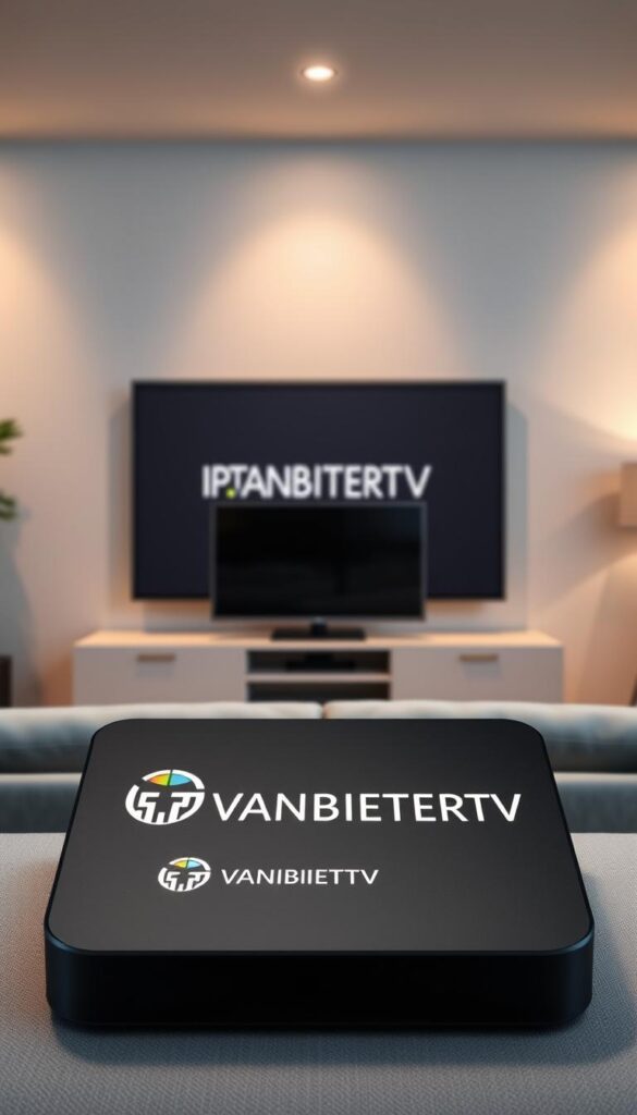 A well-lit, high-quality digital illustration showcasing an IPTV subscription package. The foreground features the IPTVANBIETERTV brand logo prominently displayed, conveying a sense of quality and reliability. In the middle ground, a sleek, modern smart TV is depicted, representing the device on which the IPTV service would be accessed. The background depicts a minimalist living room setting, with a comfortable sofa and subtle lighting, creating a cozy and inviting atmosphere. The overall composition and styling suggest a premium, high-end IPTV offering, tailored to the needs of discerning smart TV users.