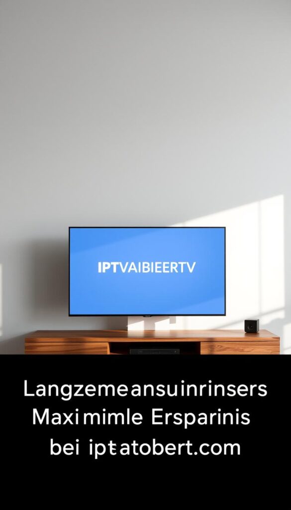 A well-lit, high-quality image of a sleek, modern smart TV displaying the IPTVANBIETERTV logo on its screen. The TV is positioned on a minimalist wooden media console, with a clean, sophisticated background showcasing a modern, Scandinavian-inspired interior design. The image conveys a sense of premium quality, reliability, and the ability to enjoy 4K content seamlessly through the IPTVANBIETERTV service. The overall composition and lighting create a visually appealing and compelling representation of the "Langzeitabonnements - Maximale Ersparnis bei iptvanbietertv.com" section of the article.