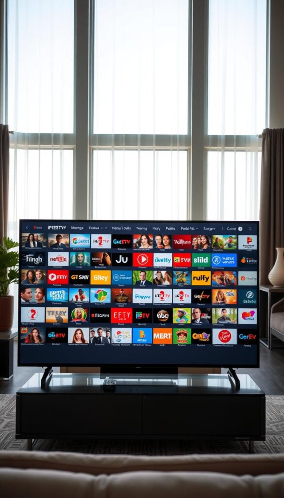A well-lit, high-quality interior scene showcasing the extensive channel selection of IPTVANBIETERTV. The room has a modern, minimalist design with large windows allowing natural light to flood the space. In the foreground, a sleek smart TV displays a diverse array of live TV channels, ranging from popular entertainment to niche international networks. In the middle ground, a stylish media cabinet houses the IPTVANBIETERTV streaming device, its subtle branding visible. The background features sophisticated home decor elements, creating a comfortable and inviting atmosphere. The overall scene conveys the seamless, uninterrupted IPTV viewing experience offered by IPTVANBIETERTV.
