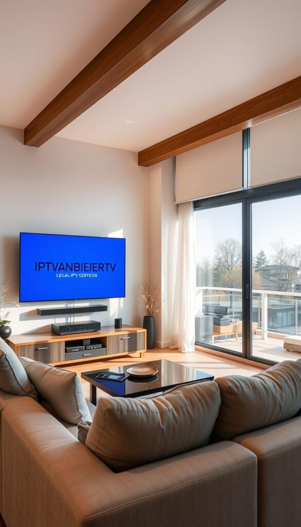 A well-lit, high-quality interior scene showing a living room with a comfortable couch, a large flatscreen TV, and a modern entertainment system. The room is airy and bright, with large windows allowing natural light to flood in. On the TV screen, the IPTVANBIETERTV logo is prominently displayed, indicating a legal IPTV service. The overall atmosphere conveys a sense of contentment and the enjoyment of high-quality home entertainment in a relaxed, stylish setting.