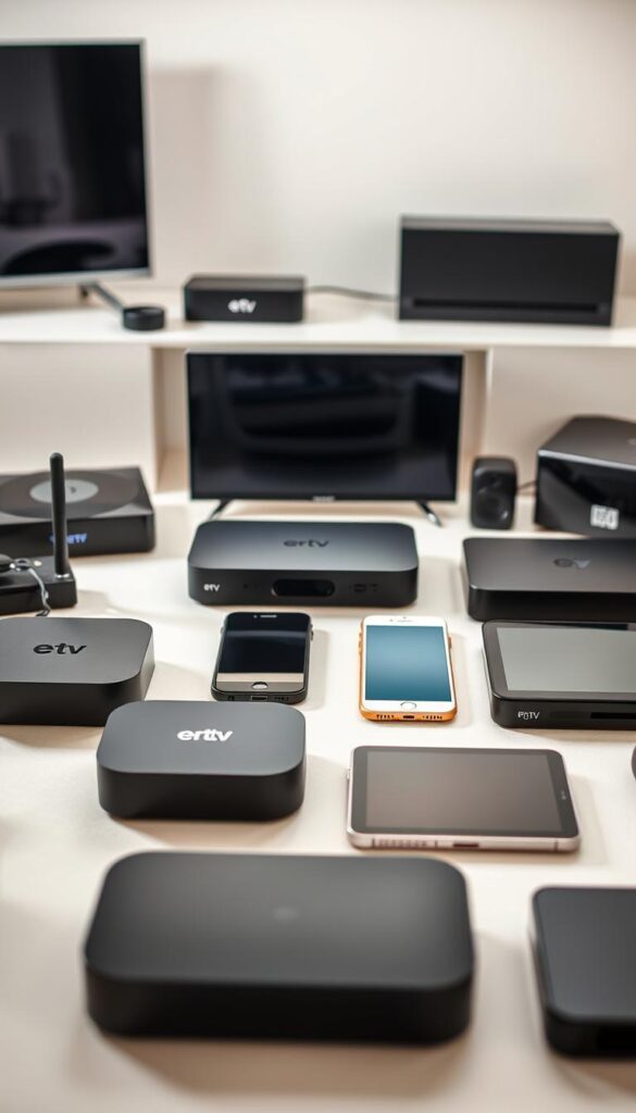 A well-lit, high-quality photograph of various IPTVANBIETERTV-compatible devices arranged in a visually appealing composition. The foreground showcases a selection of modern streaming devices such as smart TVs, set-top boxes, and media players, each with a clean, minimalist design. The middle ground features smartphones and tablets, highlighting the cross-platform capabilities of the IPTVANBIETERTV service. The background softly blurs out, creating a sense of depth and focus on the featured devices. The lighting is natural and balanced, accentuating the sleek lines and vibrant colors of the equipment. The overall atmosphere conveys a sense of technological sophistication and user-friendly accessibility.
