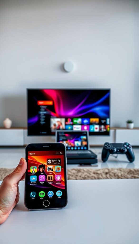 A well-lit, high-quality photograph showcasing the seamless integration of IPTVANBIETERTV across various devices. In the foreground, a smartphone, tablet, and smart TV display the IPTV service's user interface, each reflecting vibrant colors and crisp, high-definition content. In the middle ground, a laptop and gaming console highlight the versatility of the IPTV platform, allowing for a consistent viewing experience on multiple devices. The background features a minimalist, modern interior design, emphasizing the sleek and sophisticated nature of the IPTV setup. The overall scene conveys a sense of technological prowess, convenience, and entertainment at the user's fingertips.