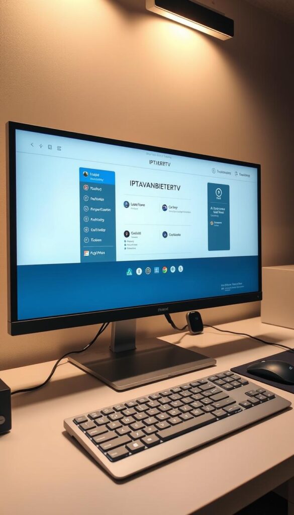 A well-lit, high-resolution desktop computer setup, featuring a large widescreen monitor displaying the IPTVANBIETERTV interface. The screen shows a clean, minimalist design with intuitive navigation menus, highlighting the ease of use for IPTV on Windows. The computer is positioned on a modern, clutter-free desk, with a sleek keyboard and mouse accessory set. The lighting is soft and indirect, creating a warm, inviting atmosphere. The overall scene conveys a sense of professionalism and efficiency, perfectly suited for the "Schritt-für-Schritt Einrichtung auf dem PC" section of the article.
