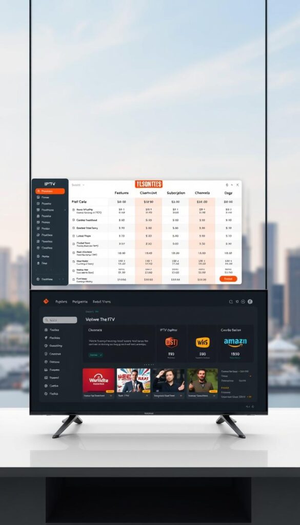 A well-lit, high-resolution digital illustration of an IPTV price comparison website interface. The foreground features a clean, modern dashboard displaying various IPTV plan options, subscription details, and pricing information. The middle ground showcases a large, central comparison chart highlighting the features, channel counts, and costs of different IPTV providers, including IPTVANBIETERTV. The background depicts a soft, blurred cityscape with a calm, professional atmosphere, conveying a sense of authority and reliability. The overall composition is balanced, with a focus on clarity and informative layout to assist users in making an informed IPTV purchasing decision.