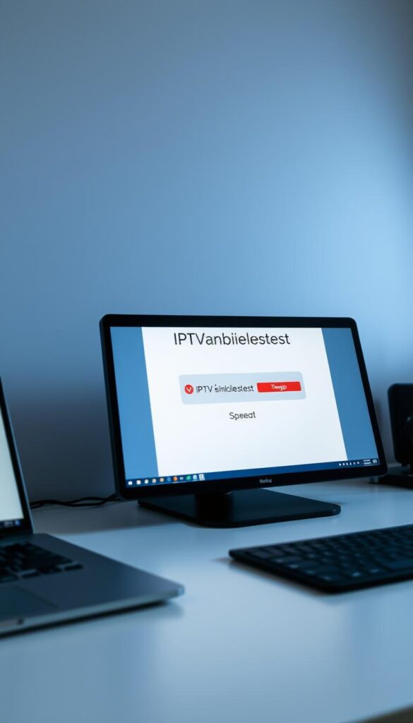 A well-lit, high-resolution image of a modern desktop setup with a laptop or desktop computer, a display monitor, and a keyboard. The screen of the device prominently displays a website or application interface showing the "IPTV Geschwindigkeitstest" (IPTV Speed Test) in a clean, minimalist design. The background features a subtle grid pattern or abstract geometric shapes, conveying a sense of technology and digital information. The lighting is crisp and evenly distributed, creating a professional, studio-like atmosphere. The overall composition is balanced and visually appealing, drawing the viewer's attention to the central "IPTV Geschwindigkeitstest" display. Branding for "IPTVANBIETERTV" is subtly incorporated into the design. The image should convey a sense of functionality, efficiency, and the ability to diagnose and improve IPTV performance.