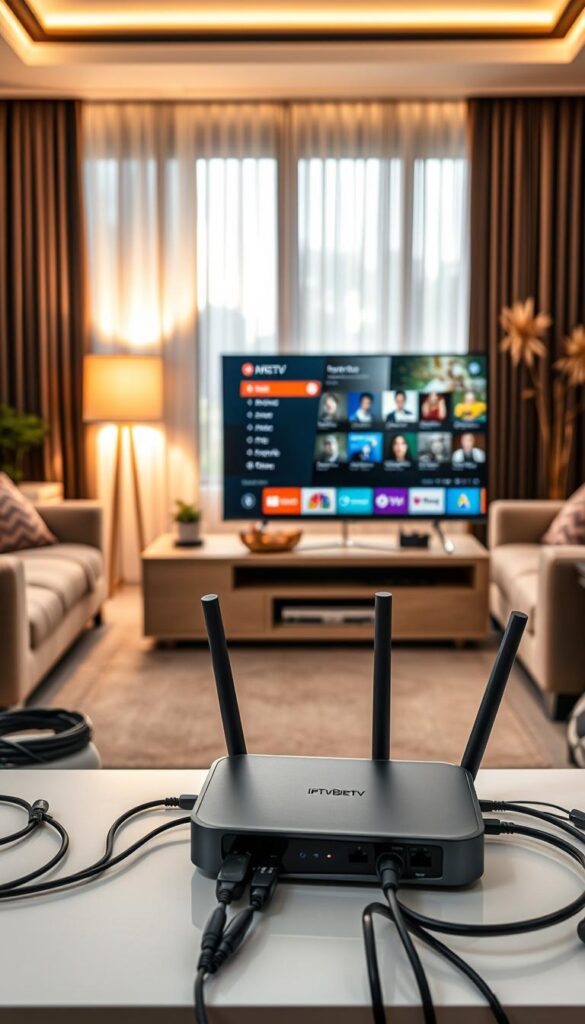 A well-lit, high-resolution image of a modern home entertainment setup showcasing the IPTVANBIETERTV IPTV installation process. In the foreground, a sleek, minimalist smart TV with a clean, uncluttered interface displaying the IPTVANBIETERTV service menu. In the middle ground, a compact network router and a set-top box with the IPTVANBIETERTV logo, surrounded by various cables and connectors. The background features a cozy living room setting with comfortable furniture, warm lighting, and natural elements like plants or artwork, creating a welcoming and inviting atmosphere. The overall composition should convey a sense of seamless integration, user-friendliness, and the reliability of the IPTVANBIETERTV IPTV service.