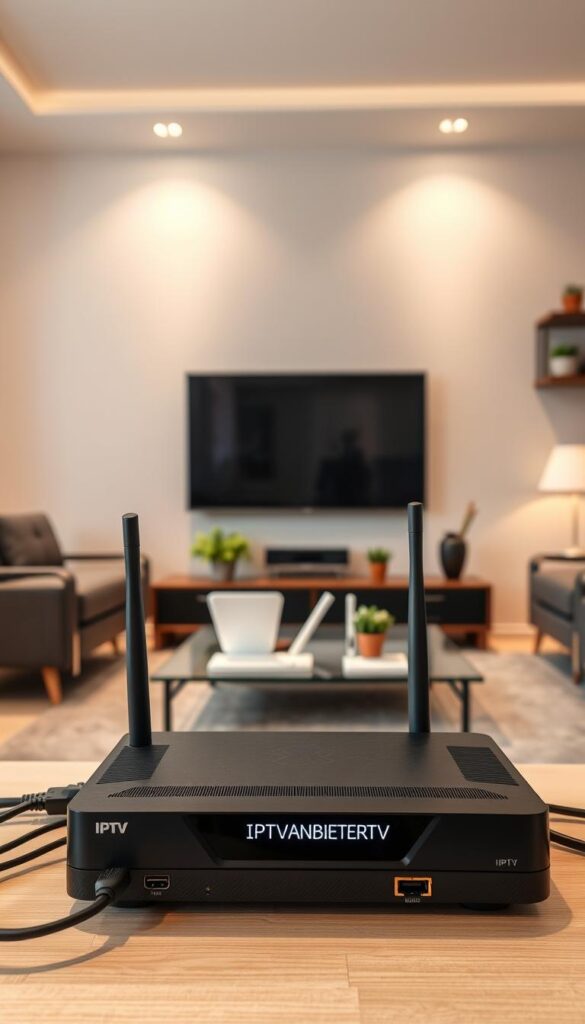 A well-lit, high-resolution image of a modern home entertainment setup showcasing the technical requirements for optimal IPTV reception. The scene depicts a spacious living room with a large, flat-screen television mounted on the wall. In the foreground, a sleek, black set-top box labeled "IPTVANBIETERTV" is prominently displayed, surrounded by various cables and connectors. The middle ground features a high-speed internet router and a wireless access point, highlighting the necessary network infrastructure. The background includes tasteful decor, such as potted plants and minimalist shelving, creating a cohesive and visually appealing environment. The lighting is soft and even, creating a warm and inviting atmosphere, while the camera angle provides a clear, unobstructed view of the setup.