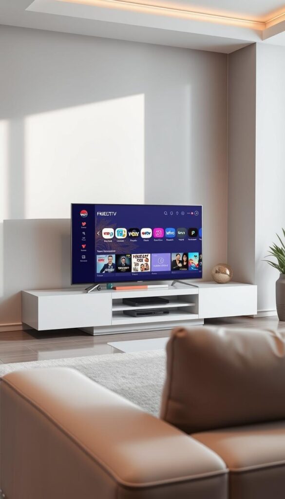 A well-lit, high-resolution image of a sleek, modern smart TV displaying the IPTVANBIETERTV user interface. The TV is positioned in a stylish, minimalist living room setting with clean lines and neutral tones. The interface shows clear, intuitive navigation menus and a wide selection of channels and on-demand content. The scene conveys a sense of ease and seamless integration of IPTV technology into the home entertainment setup. The camera angle is slightly elevated to showcase the TV's thin, premium design and the clean, uncluttered layout of the IPTVANBIETERTV software.