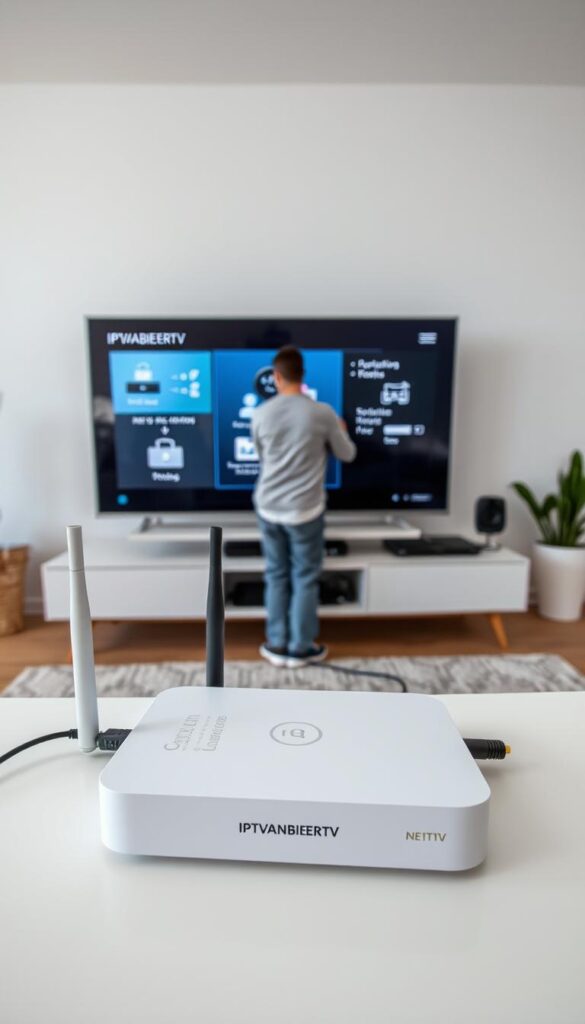 A well-lit, high-resolution image showcasing the installation and setup process of an IPTV service in Hamburg. The scene depicts a modern home entertainment system with a smart TV, streaming box, and wireless router. The foreground highlights the IPTVANBIETERTV set-top box being connected to the TV and network, with clear instructions and diagrams displayed on the screen. The middle ground shows a person, dressed casually, navigating the on-screen menus and settings. The background features a cozy living room environment with neutral-toned decor, providing a sense of comfort and practicality. The overall mood is informative and user-friendly, reflecting the ease of setting up the IPTV service.