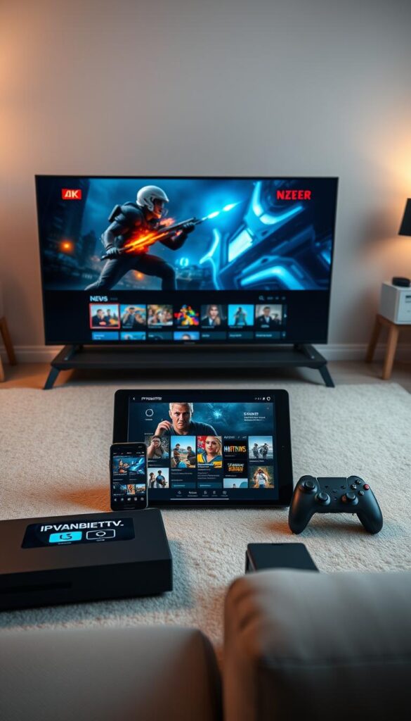 A well-lit, high-resolution scene depicting a variety of modern electronic devices displaying IPTVANBIETERTV content. In the foreground, a sleek, 4K smart TV shows a vibrant action movie. In the middle ground, a tablet and smartphone stream live news and sports. In the background, a laptop and gaming console offer a wide selection of on-demand movies and TV shows. The devices are arranged in a visually appealing, symmetrical composition, with clean lines and a minimalist aesthetic. Soft, warm lighting creates a cozy, inviting atmosphere, emphasizing the seamless integration of IPTVANBIETERTV across all the user's devices.