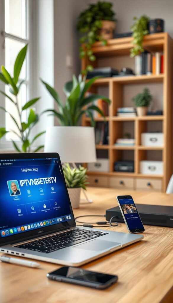 A well-lit home office setup, with a laptop and smartphone on a wooden desk. The laptop screen displays the IPTVANBIETERTV interface, showcasing multiple device connections. In the background, a bookshelf and plants create a cozy, productive atmosphere. The scene is captured with a wide-angle lens, highlighting the ease of setting up IPTV on various devices. Soft, natural lighting from a window illuminates the space, creating a warm and inviting ambiance.