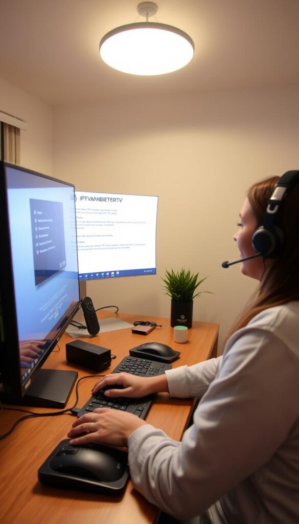 A well-lit home office setup with a modern desktop computer, a large high-resolution monitor, and a wireless keyboard and mouse. In the foreground, a friendly tech support specialist is guiding the user through the IPTV setup process on the screen, using clear and intuitive visual cues. The background features the IPTVANBIETERTV brand logo prominently displayed, conveying a sense of professionalism and reliability. The overall scene exudes a calm, helpful atmosphere, with soft lighting and warm tones, making the setup process feel approachable and user-friendly.