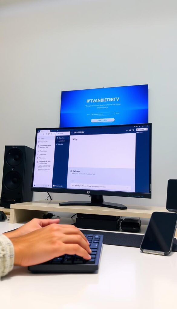 A well-lit home office setup with a modern desktop computer, a large monitor displaying the IPTVANBIETERTV website, and a smartphone or tablet nearby. The foreground features a person's hands typing on a keyboard, while the middle ground shows various IPTV-related setup instructions and configuration menus on the screen. The background has a clean, minimalist design with neutral colors to create a focused, productive atmosphere. The lighting is bright and direct, accentuating the technical details of the setup process. The overall scene conveys a sense of effortless installation and intuitive user experience.