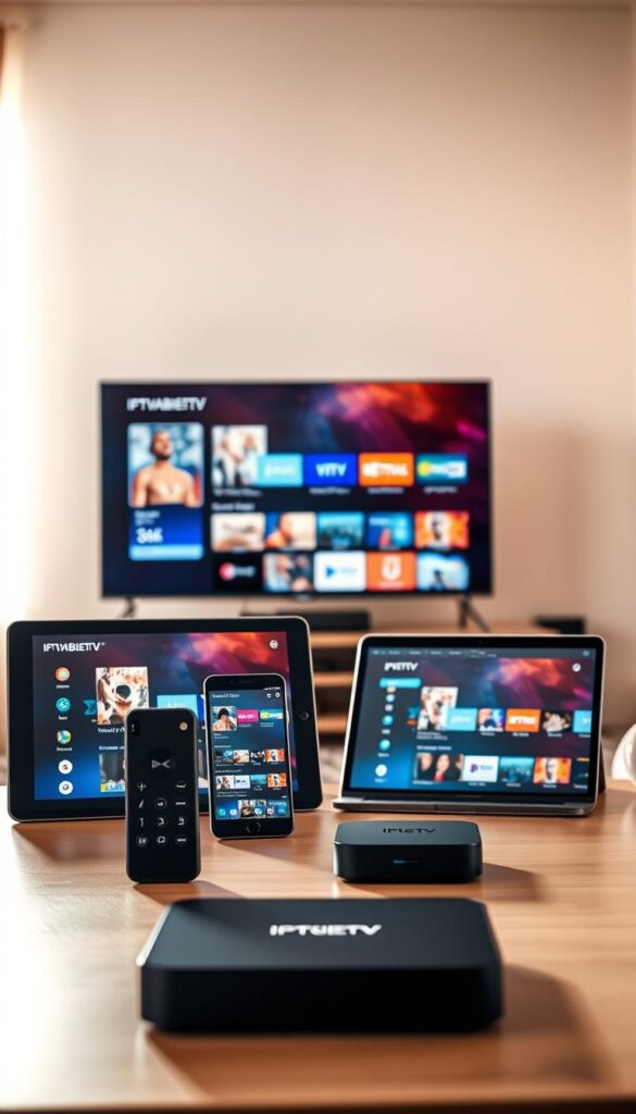 A well-lit interior scene showcasing a variety of devices displaying the IPTVANBIETERTV service. In the foreground, a modern smart TV displays vivid, high-quality IPTV content. Beside it, a sleek tablet and a flagship smartphone also stream the IPTV interface. In the middle ground, a compact streaming box and a laptop computer demonstrate the versatility of the IPTVANBIETERTV platform. The background features a minimalist home entertainment setup, emphasizing the seamless integration of IPTV across multiple screens. Warm, natural lighting creates a cozy, inviting atmosphere, highlighting the user-friendly nature of the IPTVANBIETERTV experience.