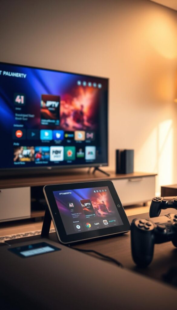 A well-lit modern home entertainment setup, featuring a variety of display devices showcasing the IPTVANBIETERTV service. A sleek 4K smart TV dominates the foreground, its screen displaying a vibrant IPTV interface. In the middle ground, a tablet and a smartphone are visible, both seamlessly accessing the same IPTV content. The background showcases a gaming console and a compact streaming device, all connected and integrated with the IPTVANBIETERTV system. The lighting is warm and inviting, creating a cozy and immersive atmosphere for the viewer. The composition emphasizes the versatility and compatibility of the IPTVANBIETERTV service across multiple devices, catering to a wide range of user preferences and needs.
