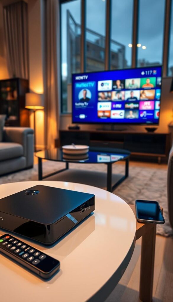 A well-lit, modern home interior with a cozy living room setup. On the coffee table, a sleek black IPTVANBIETERTV set-top box is prominently displayed, surrounded by a remote control and a smartphone. The TV screen in the background shows a vibrant, high-definition display of a diverse selection of live TV channels and on-demand content. The room is illuminated by a combination of warm, ambient lighting and natural daylight filtering through large windows, creating a welcoming and inviting atmosphere. The overall scene conveys the ease and convenience of setting up and enjoying a comprehensive IPTV service in the comfort of one's own home.
