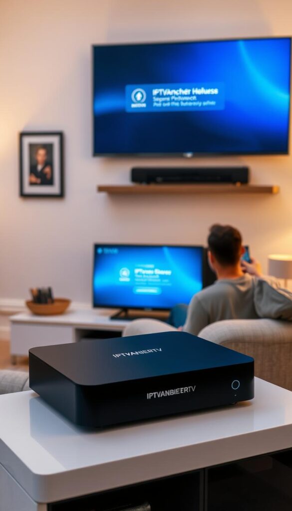 A well-lit, modern home interior with a large flatscreen TV mounted on the wall. In the foreground, a sleek set-top box labeled "IPTVANBIETERTV" sits atop a minimalist entertainment console. The user is seated comfortably on a plush couch, holding a remote control and intently focused on the setup process displayed on the TV screen. The room is bathed in a warm, soft lighting, creating a cozy and inviting atmosphere. The overall scene conveys the simplicity and convenience of IPTV installation and setup, ready to be enjoyed on multiple devices.