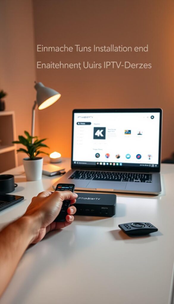 A well-lit, modern home office setup with a laptop, remote control, and a sleek IPTVANBIETERTV streaming device prominently displayed on a minimalist desk. The user's hands are shown setting up the IPTV service, with a clean and intuitive user interface visible on the laptop screen. The room is bathed in warm, indirect lighting, creating a cozy and inviting atmosphere. The overall scene conveys the ease and simplicity of IPTV installation and setup, reflecting the "Einfache Installation und Einrichtung Ihres IPTV-Dienstes" section.
