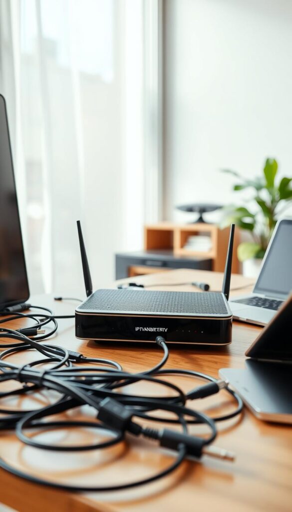 A well-lit, modern home office setup with a sleek IPTVANBIETERTV device prominently displayed on a desk. The device is surrounded by various cables, a wireless router, and a laptop or tablet, suggesting a straightforward IPTV installation process. The room features a large window providing natural light, and the overall atmosphere conveys a sense of effortless connectivity and technological ease. The composition emphasizes the simplicity and accessibility of the IPTV setup, complementing the "Einfache Installation und Einrichtung" section of the article.