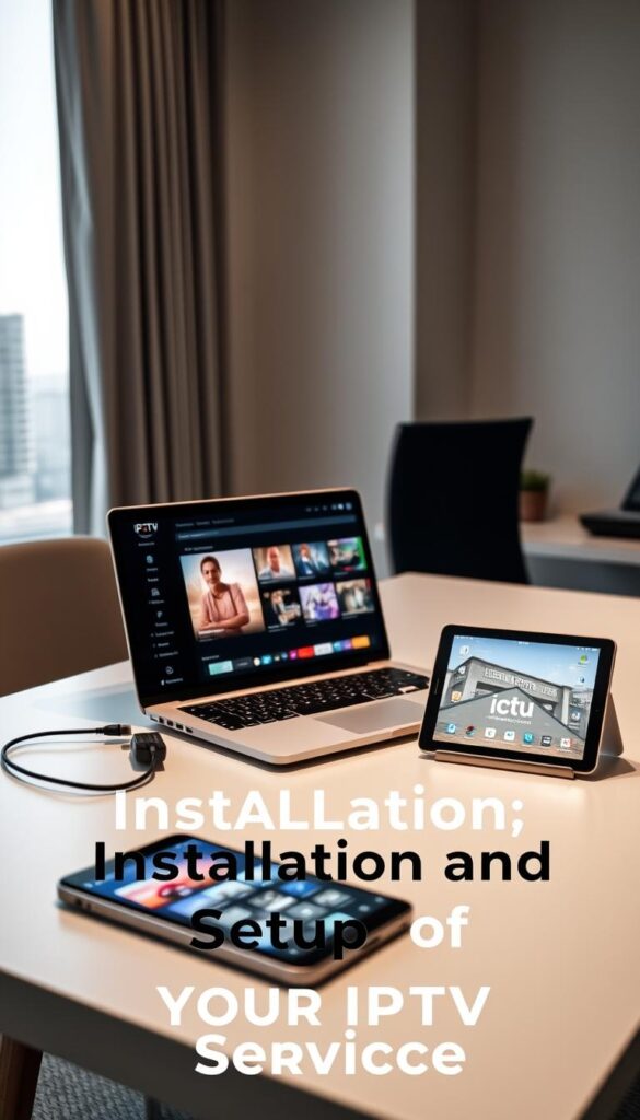 A well-lit, modern home office setup with multiple devices connected to an IPTVANBIETERTV service. A laptop, tablet, and smartphone are arranged on a sleek, minimalist desk, displaying various IPTV content simultaneously. The lighting is soft and ambient, creating a comfortable, productive atmosphere. The background features a subtle, blurred city skyline, suggesting a connected, urban environment. The composition emphasizes the ease and versatility of accessing IPTV on multiple devices, reflecting the article's focus on "Installation and Setup of Your IPTV Service".
