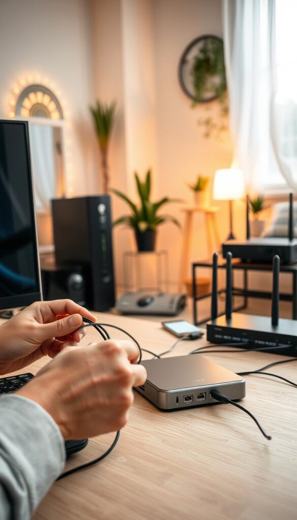 A well-lit, modern home office with a desktop computer, monitor, and keyboard. In the foreground, a person's hands are shown carefully connecting cables and setting up an IPTVANBIETERTV service, with a focus on the installation process. The middle ground features various technical equipment like a router, modem, and media player. The background showcases a cozy, inviting atmosphere with warm lighting, houseplants, and minimalist decor, creating a sense of comfort and ease during the IPTV installation. The overall scene conveys a smooth, straightforward, and user-friendly IPTV setup experience.