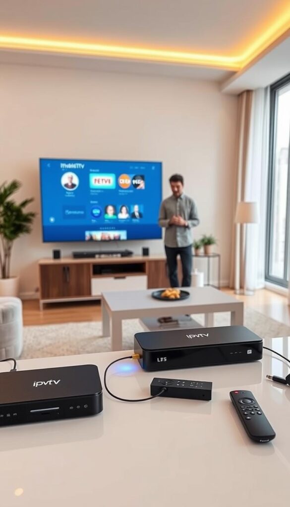 A well-lit, modern living room setup showcasing the IPTVANBIETERTV installation process. In the foreground, a sleek smart TV displaying the IPTV service's user interface, surrounded by various connected devices like a set-top box, streaming stick, and remote control. In the middle ground, a person calmly configuring the system, with a sense of ease and control. The background features minimalist decor, warm lighting, and large windows, creating a serene, inviting atmosphere. The overall scene conveys the simplicity and convenience of setting up a high-quality IPTV service in a home environment.